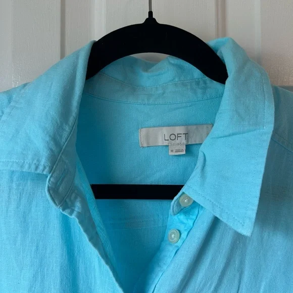 Loft Linen Blend Button Down Shirt with Tie Hem - Picture 3 of 4